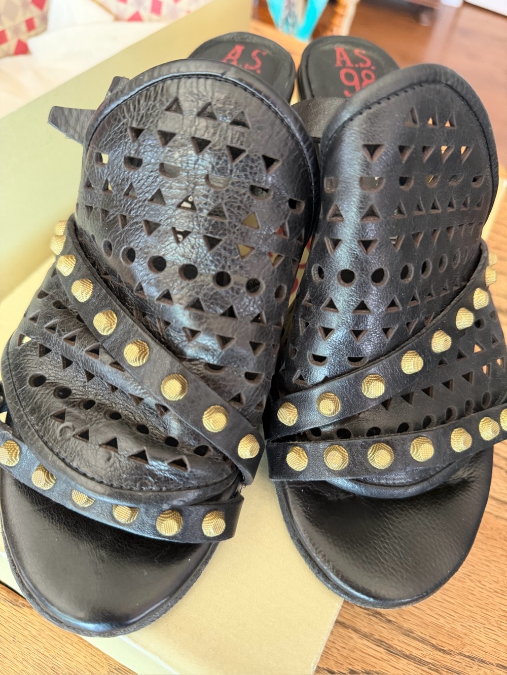 A.S.98 Black Leather Studded Women’s Slide Sandals